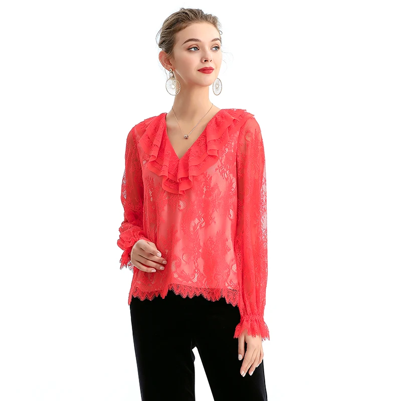 NT150 Fall Fashion Elegant thinner lace long Sleeve woman tops fashionable blouse