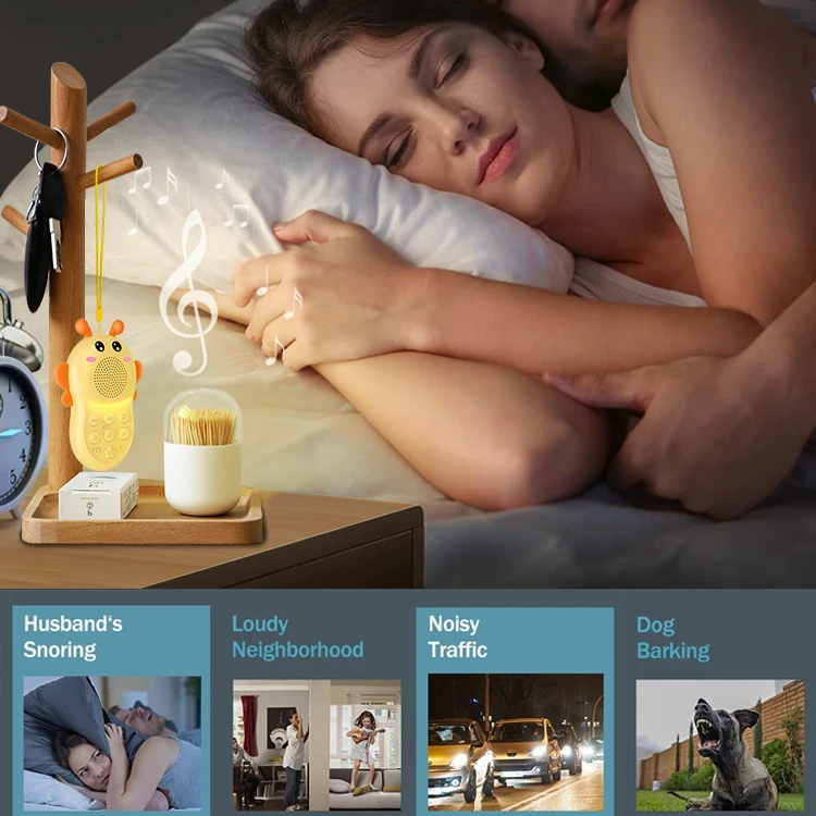 Portable Bee 16 Sounds Baby Sleep Therapy Sound Machine 1200 mAh Rechargeable Polymer Battery Powered Dimmable Warm Night Light