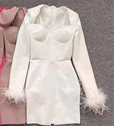 FD2565 Factory Direct Hot Sale Elegant Luxury Mini Short Bodycon Dress Long Sleeve  Feather Bandage Dresses