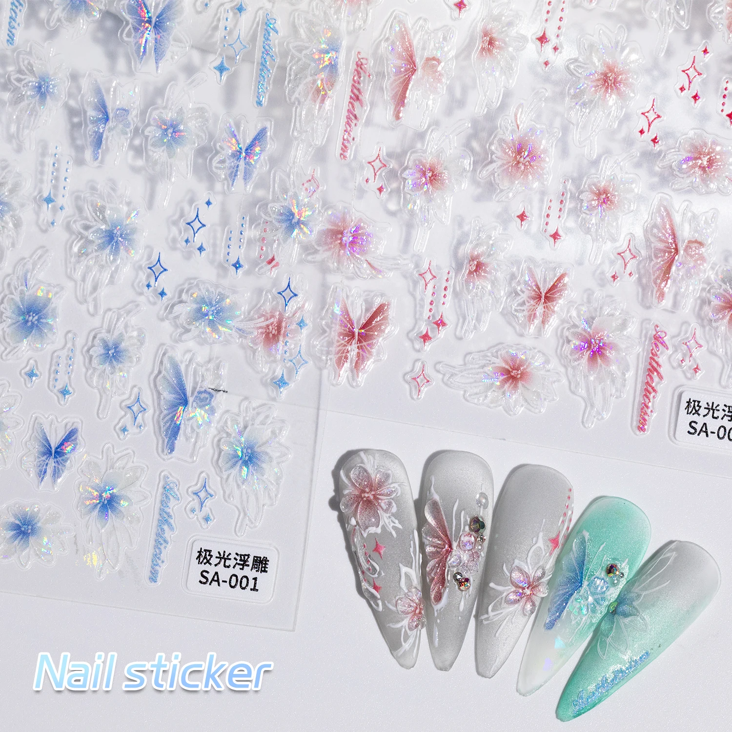 5D Engraved Butterfly Nail Manicure Sticker Holographic Crystal Fairy Rose Flowers Adhesive Decals Foils Wraps