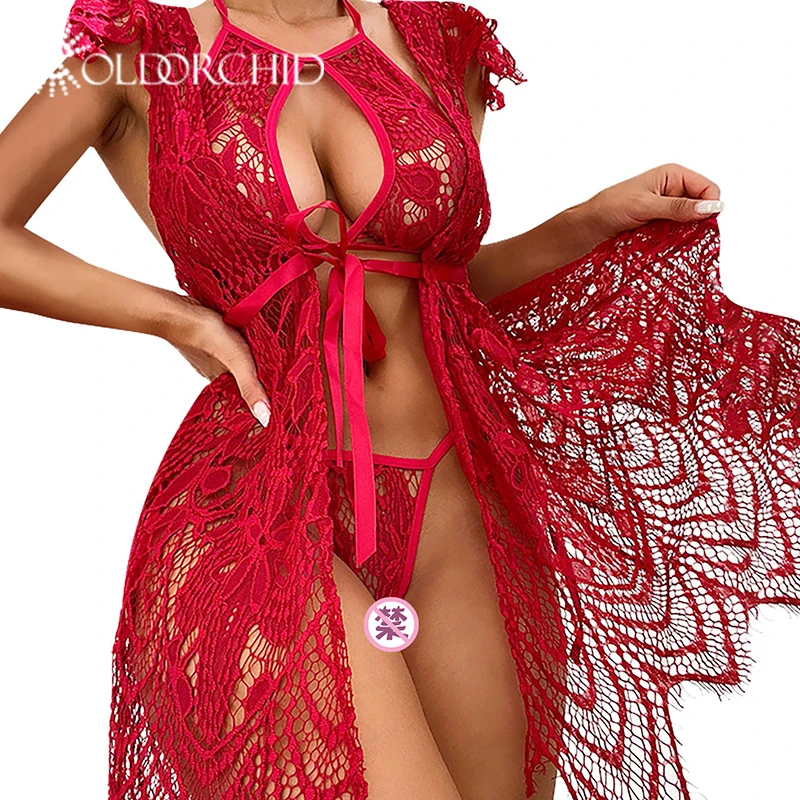 Wholesale nightwear gold orchid lingerie women sexy women embroidery lace two piece halter neck lingerie sets with robe