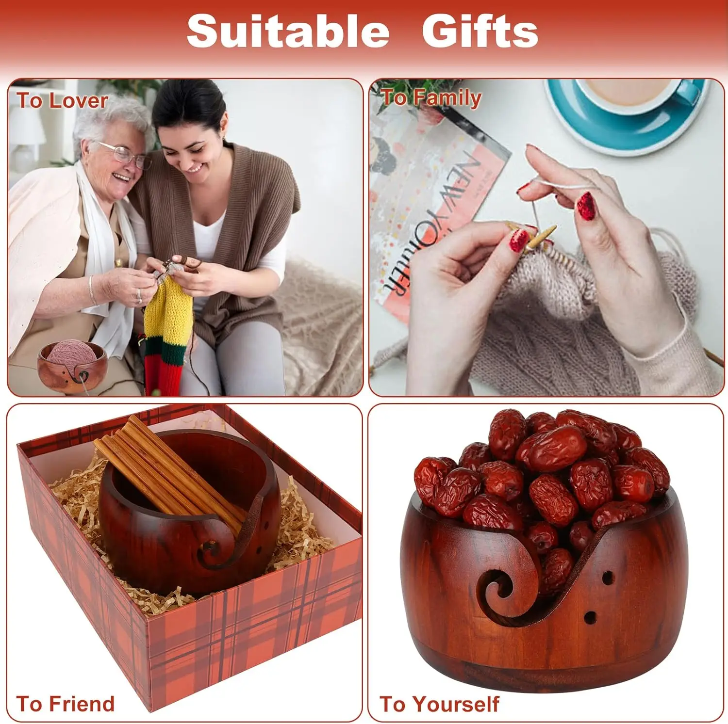 Wooden Crochet Yarn Bowl, Yarn Knitting Bowl with 12 Pcs Bamboo Crochet Hooks for Crocheting, Gift for Mom Grandma