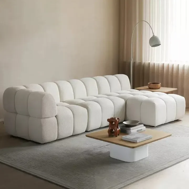 ATUNUS Living Room Comfortable Beige White Nordic Sectional Modular L Shape Sofa Set Elegant European Curved Couch