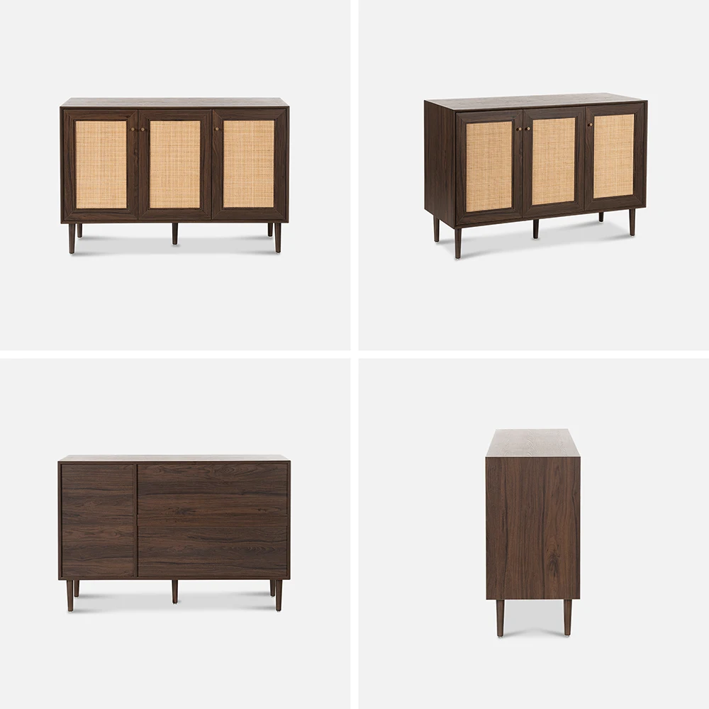 Adjustable Shelf Large Capacity Kitchen Cupboards Solid Wood Walnut Three-Door Storage Rattan Cabinet With Beech-Rattan Door