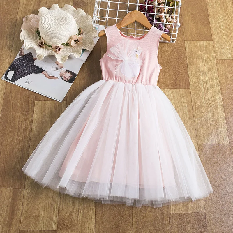 Summer New Round Neck Sundress Dress Girls White Swan Mesh Princess Skirt Korean Style A-line Fairy