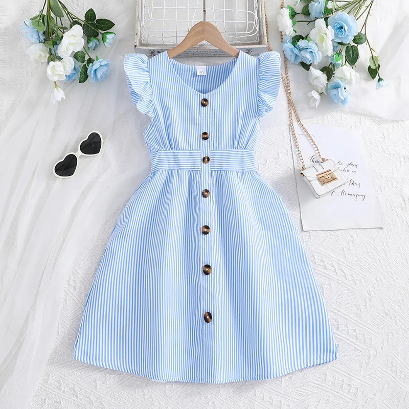 10-12 Years old Children Clothes 2024 Summer New Fashion Flying Sleeve Striped Princess Teenage Girls Dress
