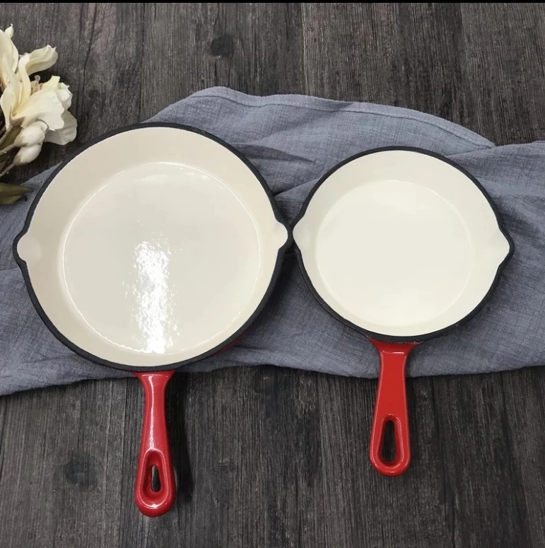 Cast iron enamel frying pan ceramic skillet cookware set flat steak pan baking Dish with Short handle and 2 outlet nozzle