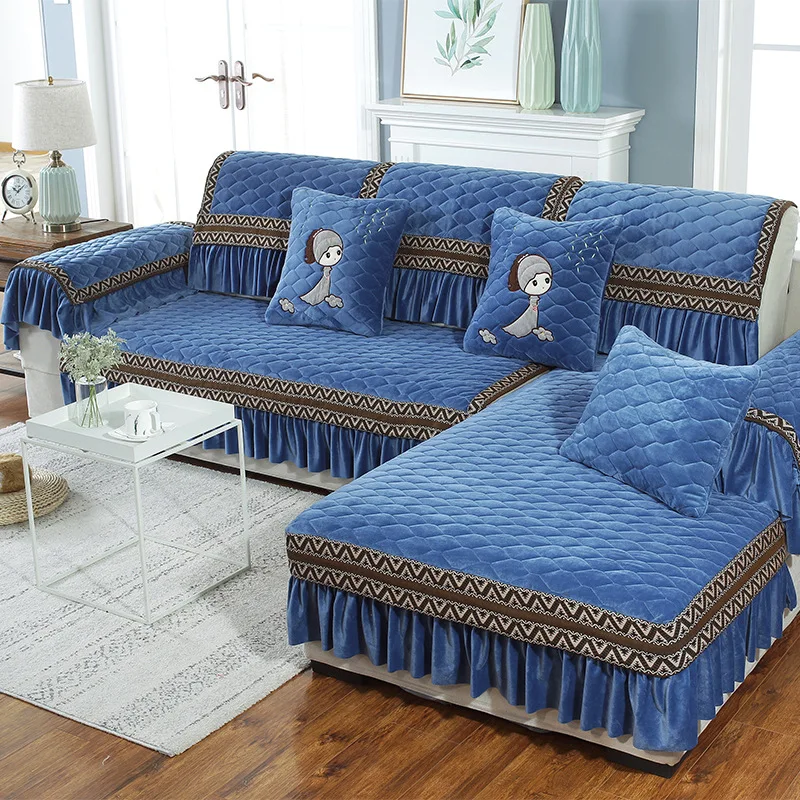 Hot Selling Luxury Good Price Geometric Polyester Sofa Cover Design L Shaped Chenille Blue Sectional Sofa Cover