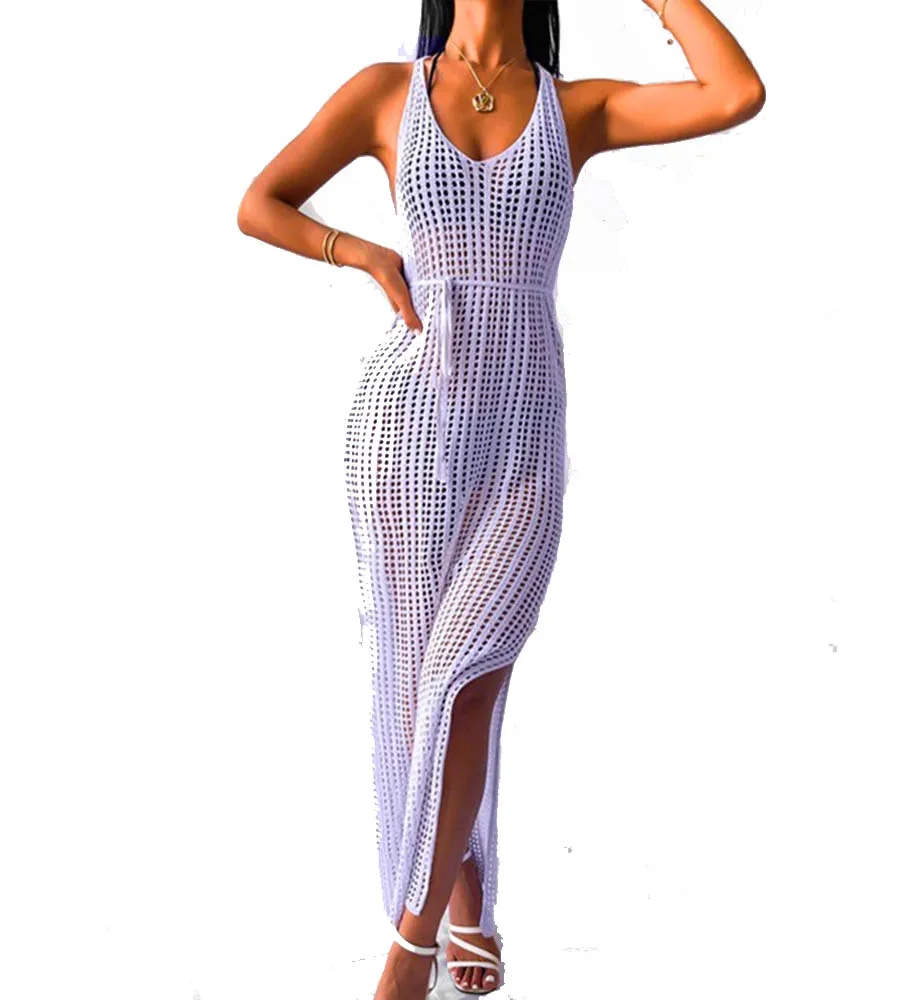 Cover Up Bathing Suit Off Crochet Tunic Knitted Kaftan Hollow Out Robe Long Beach Dress Slit Outer Cover Women Cover-ups Swim