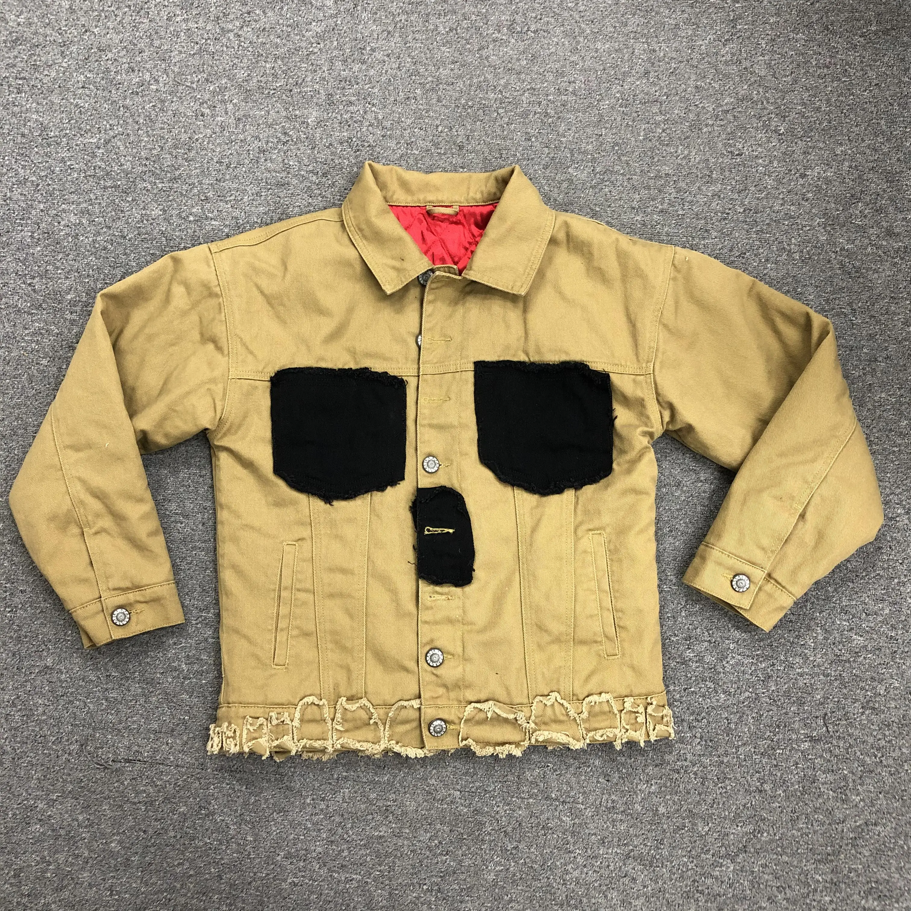 Custom denim jeans and jackets male fur jeans casual yellow patch distressed embroidery denim jacket men