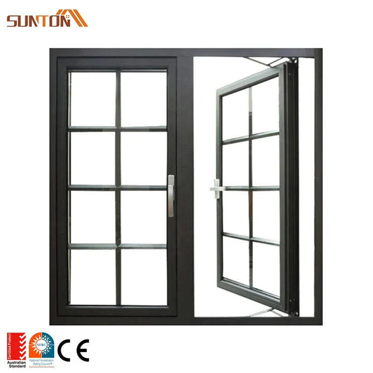 Customize home hotel villa house european north american style black aluminum low-e glass casement window with grill design