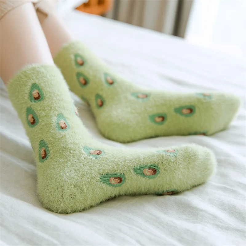 Winter Fancy Thick Warm Thermal Velvet Mink Fleece Fluffy Fuzzy Soft Cozy Women Socks Lovely Fruits Avocado Women Socks