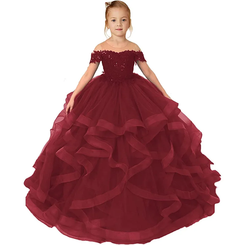 Low Moq Custom Kids Evening Party Gown Baby Girls Pageant Dresses Off Shoulder Multi Layered Flower Girl Dress With Lace