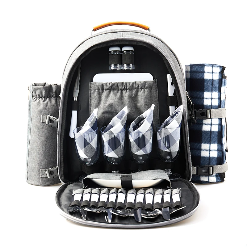4 person set picnic backpack with board tableware outdoor portable dinnerware customize cooler wine picnic bag with rug for beer