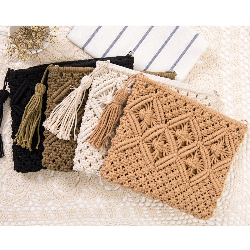 Bohemian simple Messenger Bags For Women summer Retro Knitted Straw Beach Bag Tassel Handbag