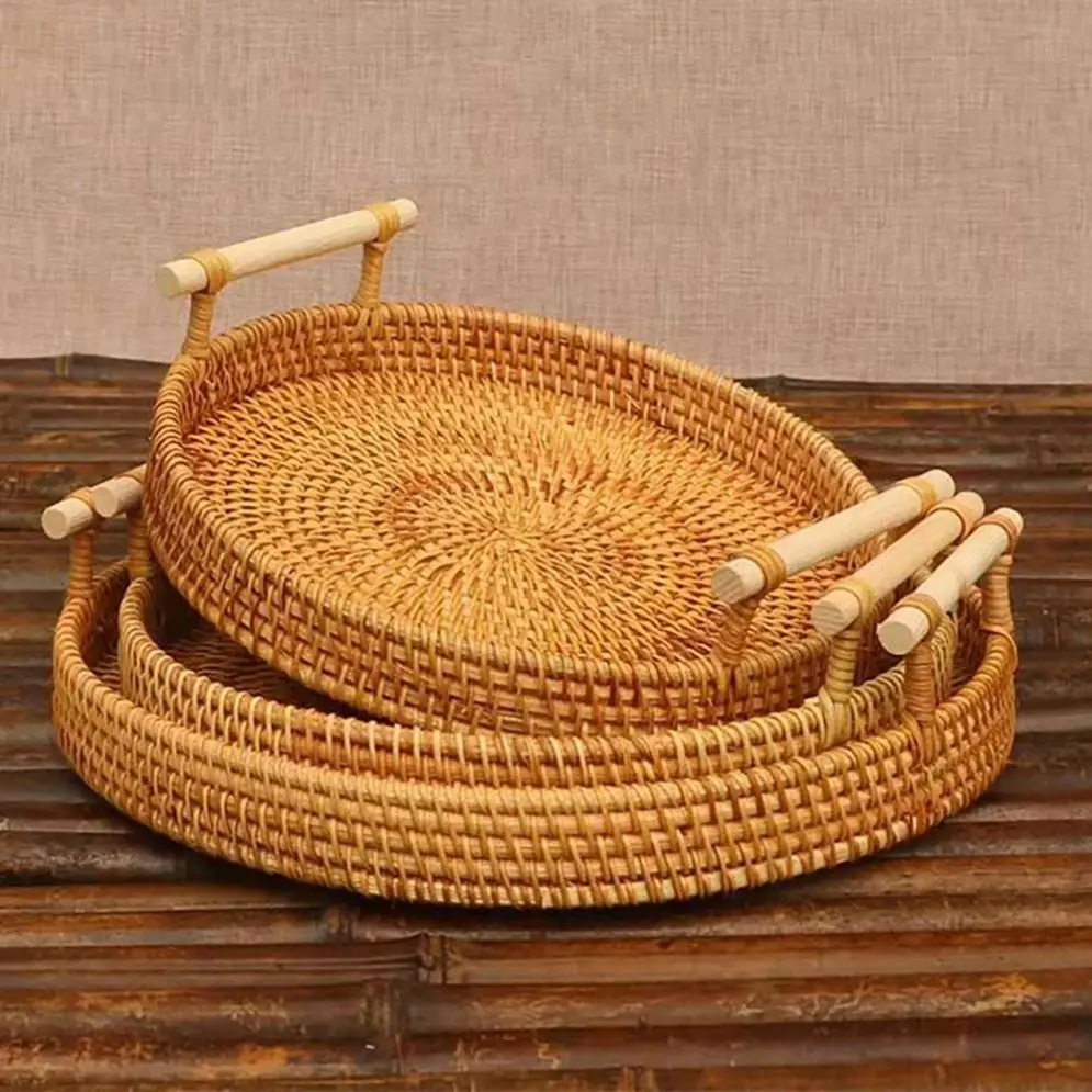 HSFT ECO Friendly Natural Rattan Serving dry fruit Tray handmade food storage rattan basket