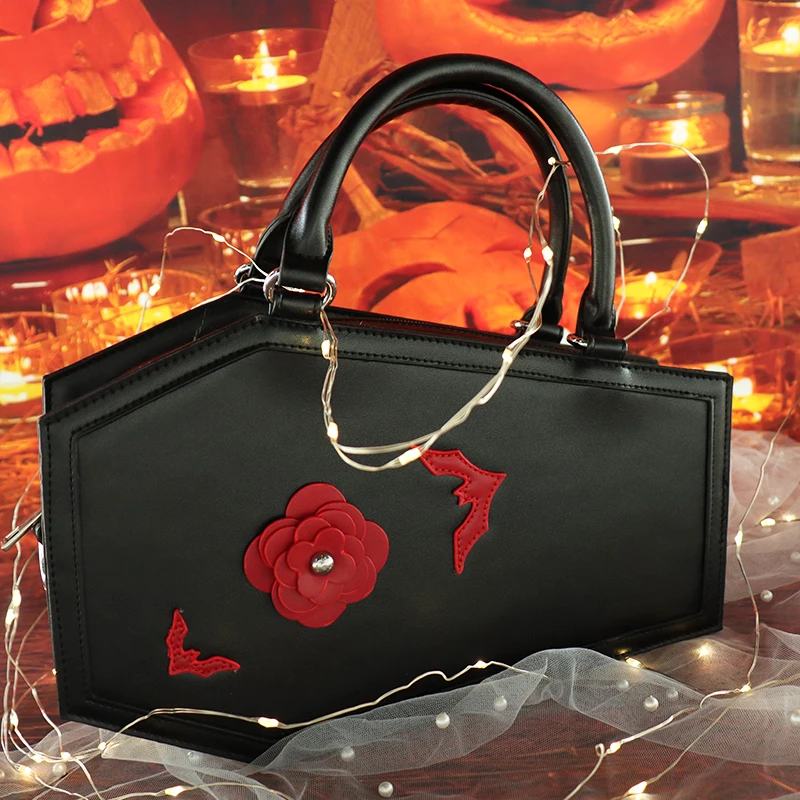 Custom Bag design  Coffin shape Purse Black Pu Leather Gothic shoulder Bag with 3D Ross and Bat deatils