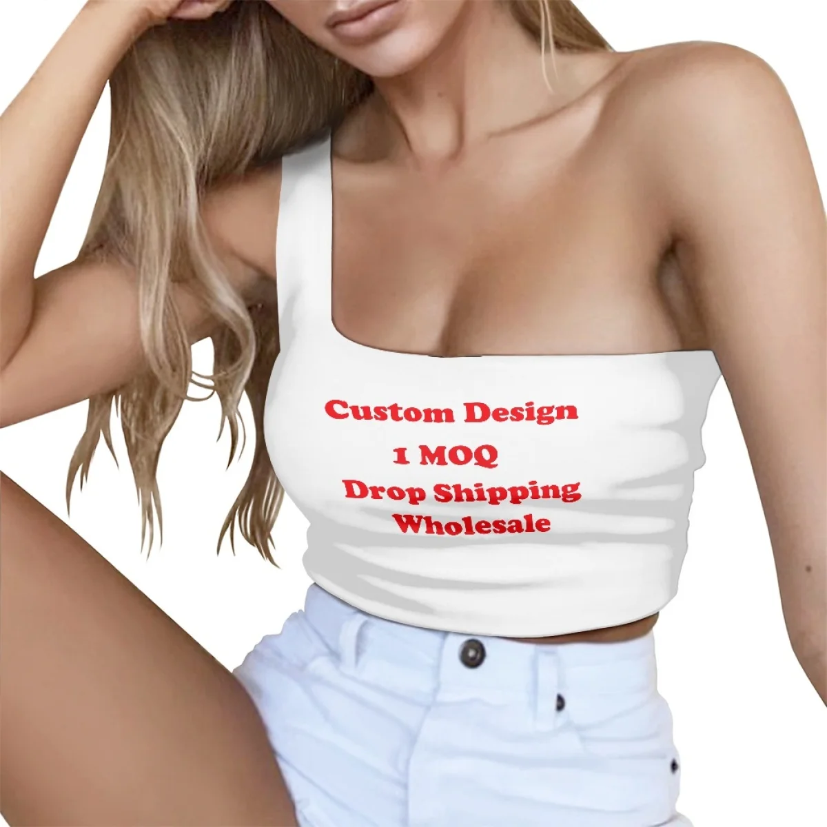 2024 New Custom Puakenikeni Hawaii Flower Pattern Print On Demand Slant Shoulder Tops Tight Sexy Sleeveless Top