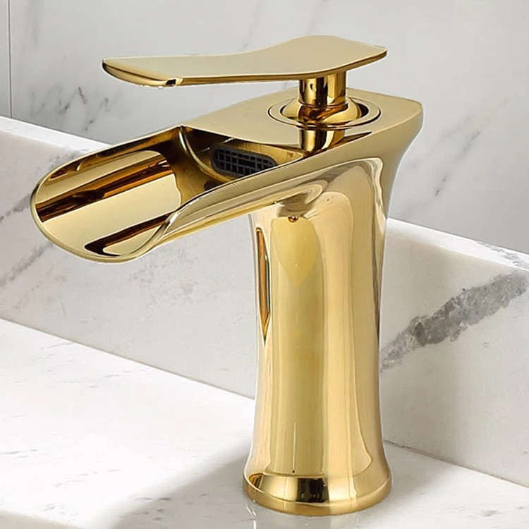 Luxury gold hot and cold water bathroom faucet single handle waterfall wide mouth basin faucet