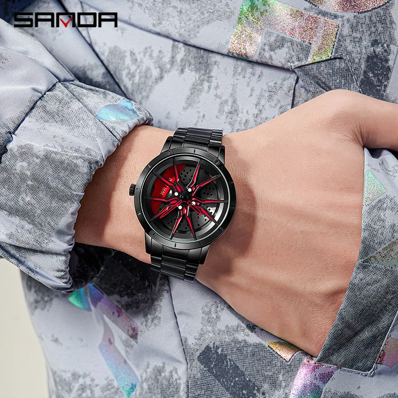 SANDA 1089 Car Wheel Watch Men Quartz Creative Rim Hub Wheel Wristwatch Relogio Masculine Rotating Dial Sport Clock Waterproof