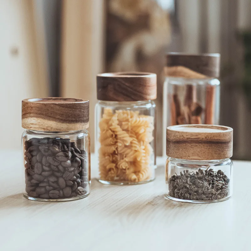 Kitchen Accessories Thread Type Mason Spice Jar Food grade Borosilicate Glass Storage Jars With Airtight Acacia Wooden Lid