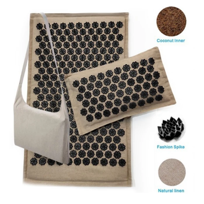 Natural Linen Acupressure Mat Foot Shakti Plastic Spikes Massage Acupressure Mat and Pillow Set