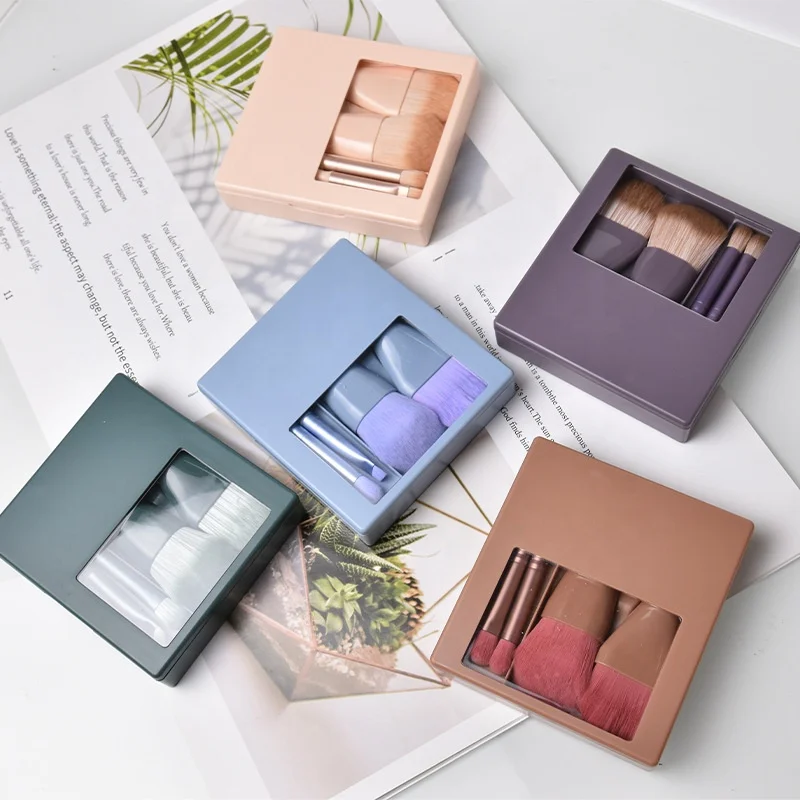 Hot Selling Small Cosmetic Brushes Portable Travel Size Makeup Brushes Mini Set with Case 5PCS Built-in Mirror