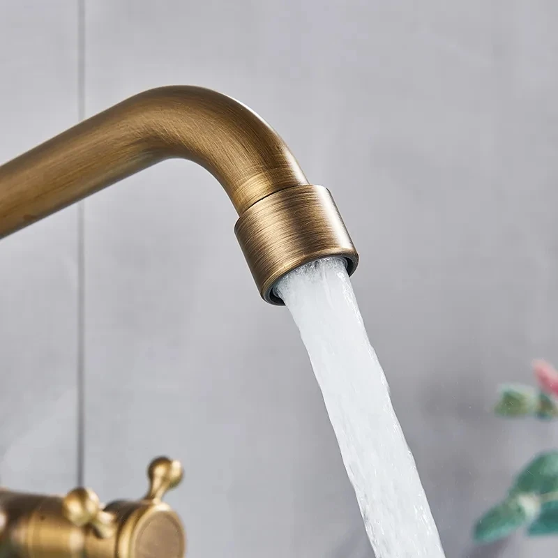 Antique Brass Kitchen Faucet Hot And Cold Water Mixer Faucets Wall Mounted Tap Vessel Sink Mixer Tap Swivel Spout Basin Mixer