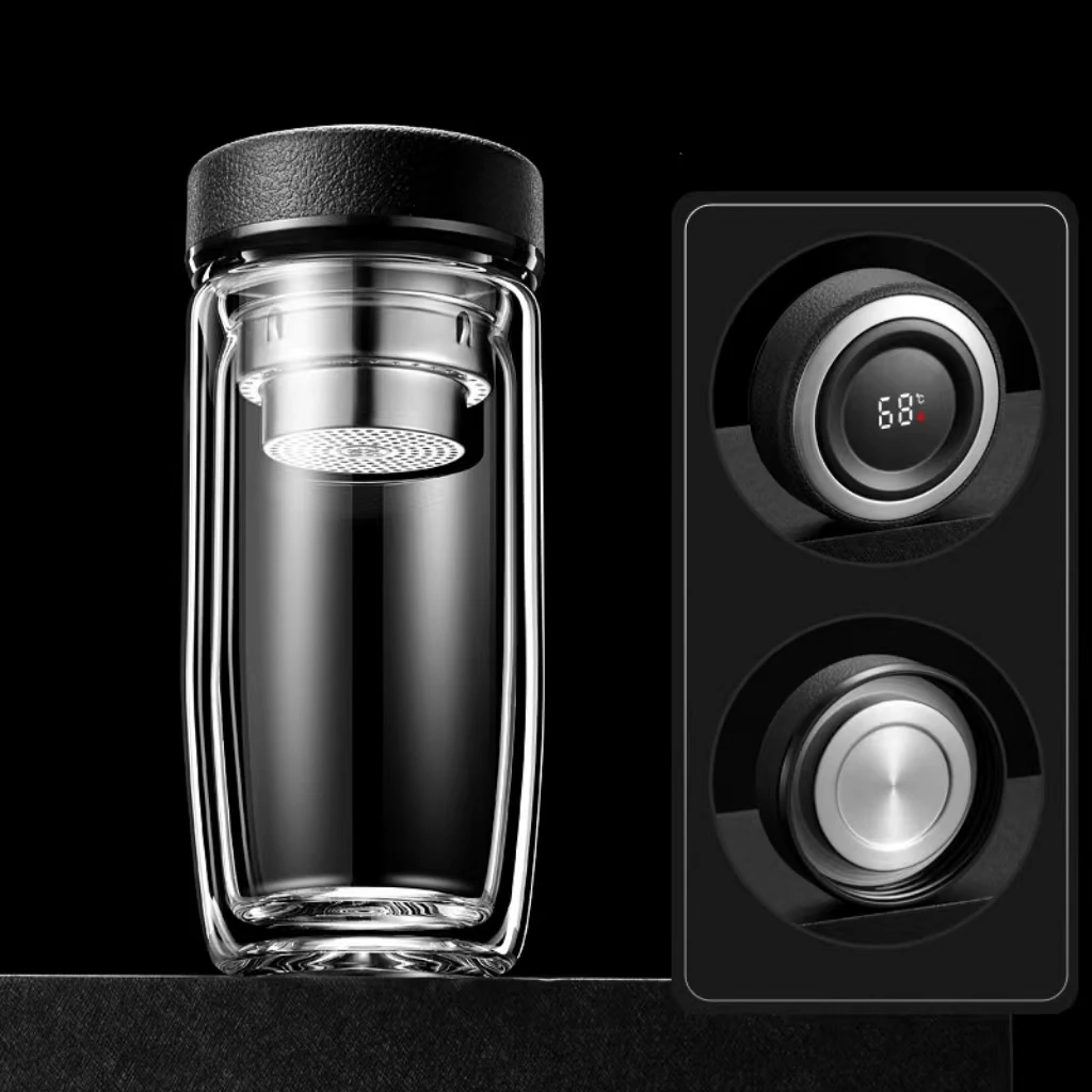 Hot Selling High Quality Clear Double Wall Glass bottle with Filter and Intelligent temperature lid high borosilicate glass  cup