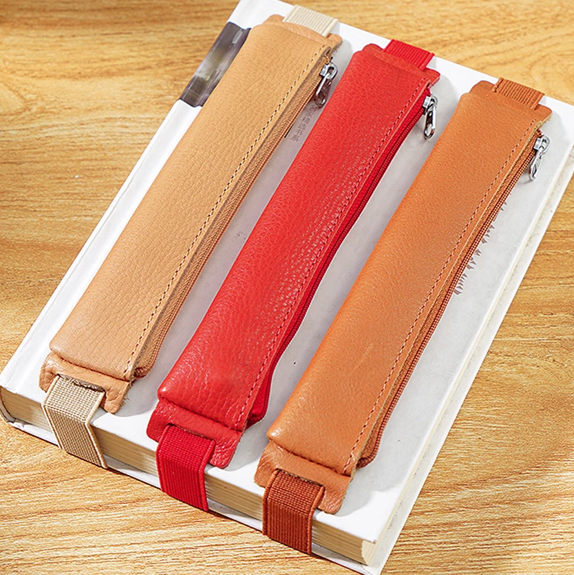 AIGUONIU Genuine Leather Pens Wallet Pencil Case Cowhide Zipper Pen Pouch With Elastic Band Can Use as Bookmark