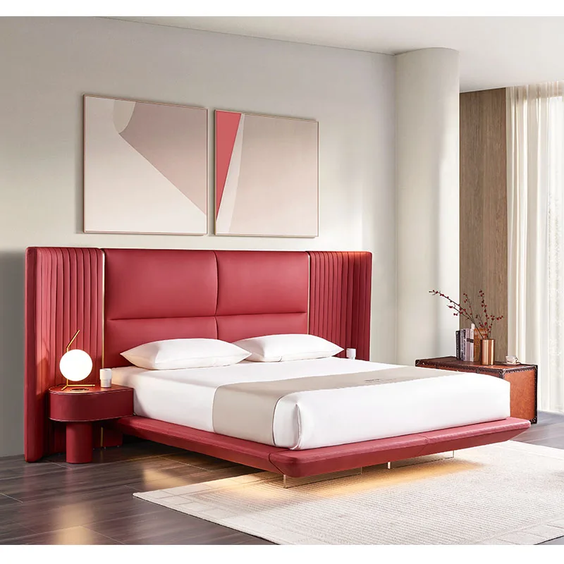 Modern Design Multifunctional Leather Bed With LED Lights Winged Recharge Headboard For Home Use
