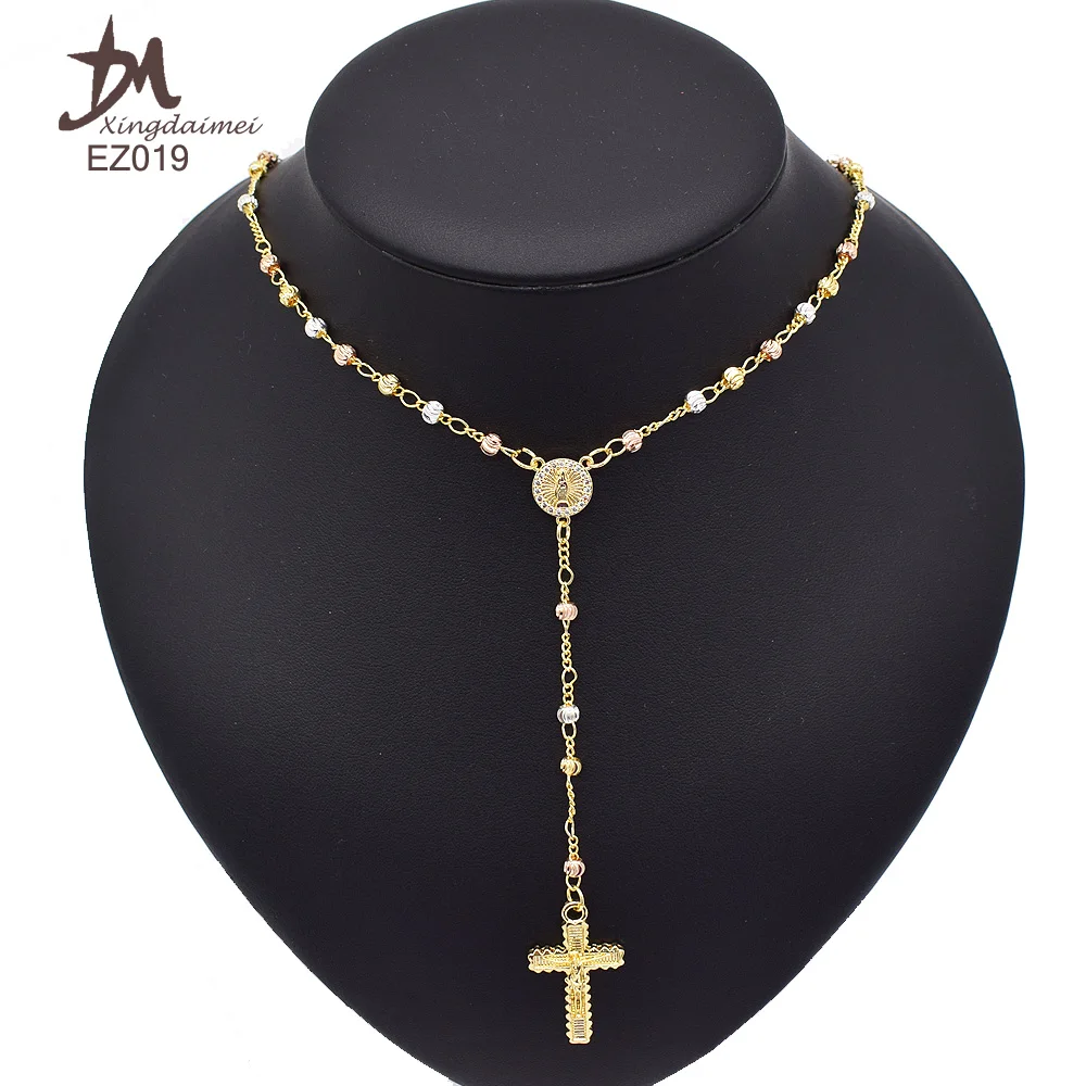 Z019 gold  rosary necklace wholesale three colors Zircon religious jewelry rosary beaded necklace