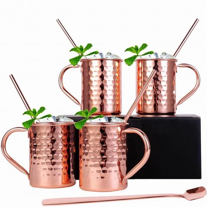 400ml/13oz 304 Stainless Steel Moscow Mule Mug Stainless Steel Cocktail Mug Rolled Edge Copper-plated Beer Mug