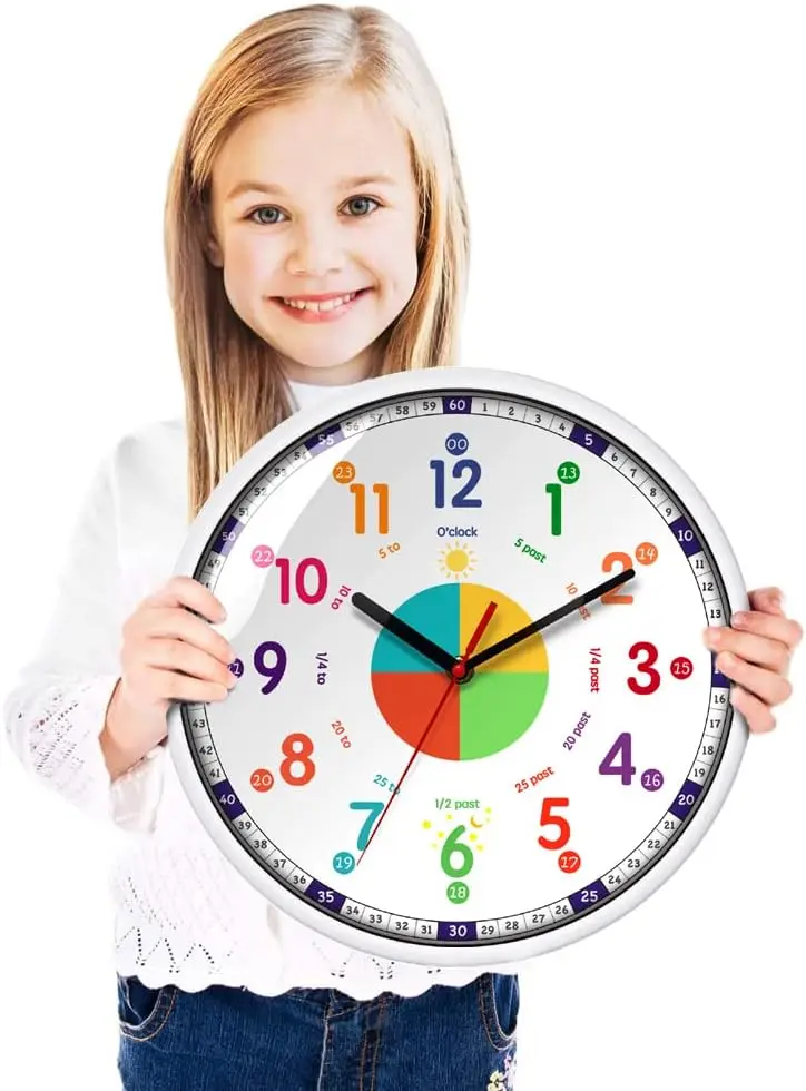 Time Teacher Wall Clock Learn To Tell The Time Wall Clock Colorful For Kids Plastic Silent Educate Wall Clock 12 Inch