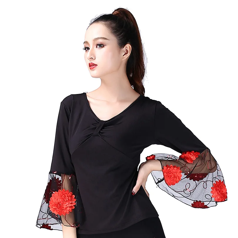 Oversized L-5XL  modern Barllroom dance Practice V-neck long sleeved Blouses top