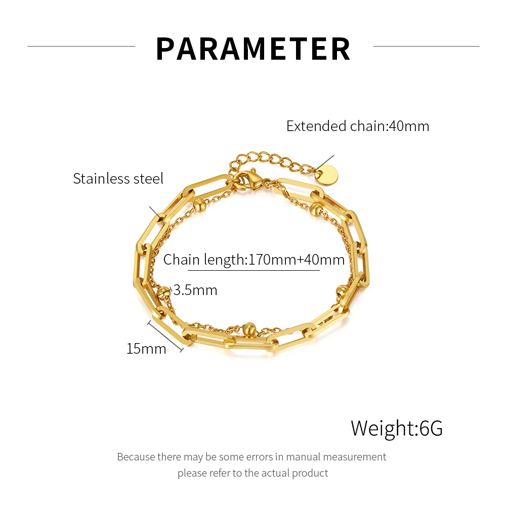 Paper Clip Chain Bracelet For Women Fashion Round Beads Double Layered Fine Jewelry Stainless Steel Women Adjustable Bracelet