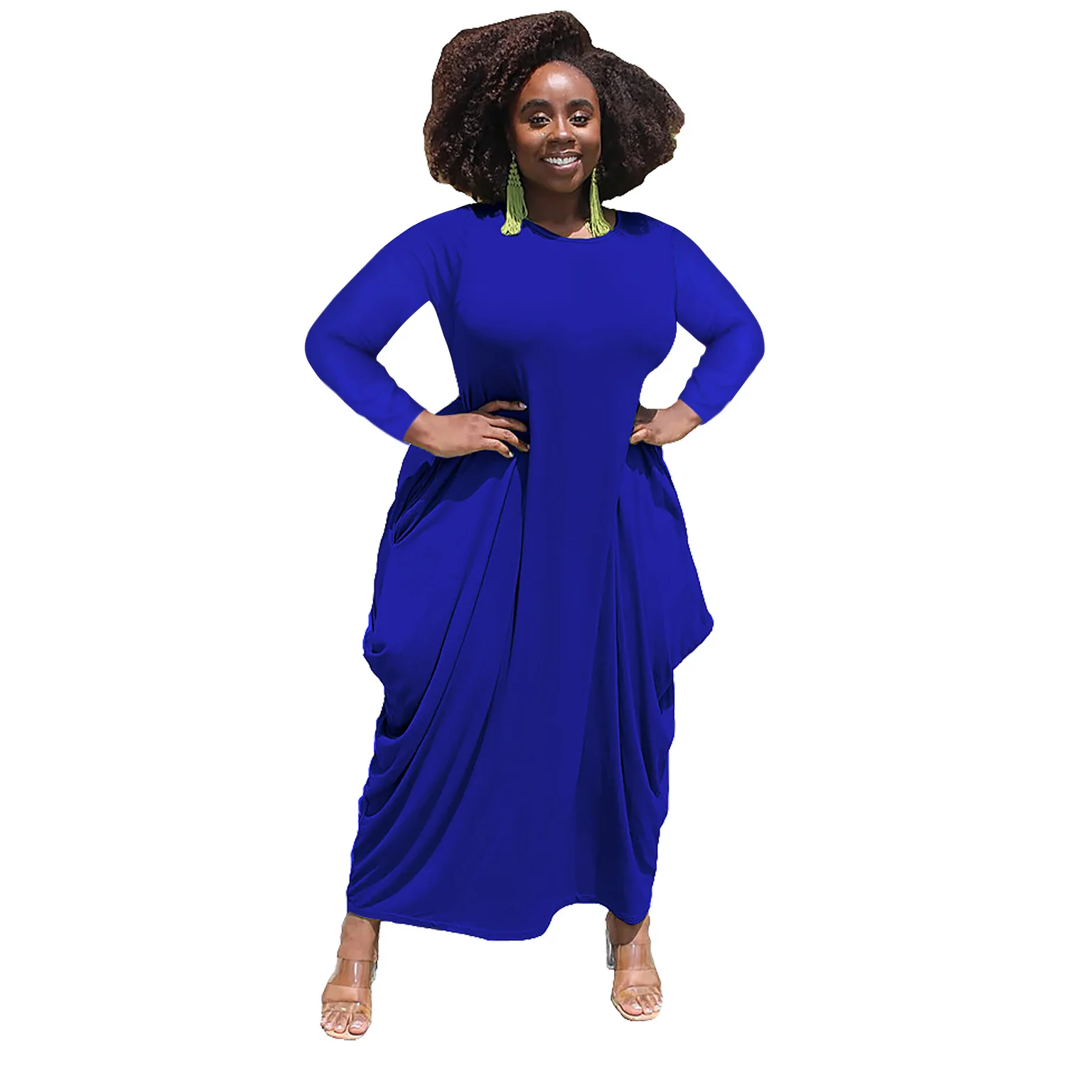 5XL Oversize Solid Color Causal Loose Long Sleeve Women Plus Size Maxi Dresses With Pockets