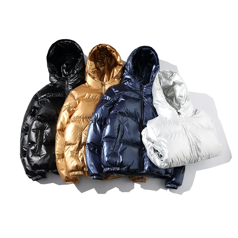 Wholesale custom mens winter padded bubble jacket shiny bubble coats for men with hood