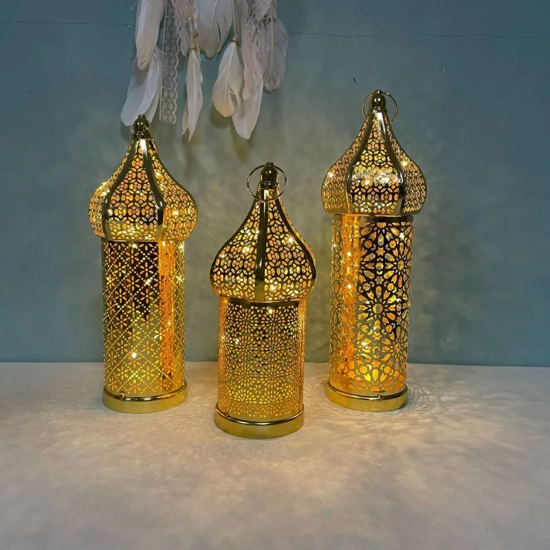 New Moroccan Retro Hollow Led Wind Lamp White Iron Lantern Hotel Home Bedroom Living Room Atmosphere Ramadan Decorative Lamp