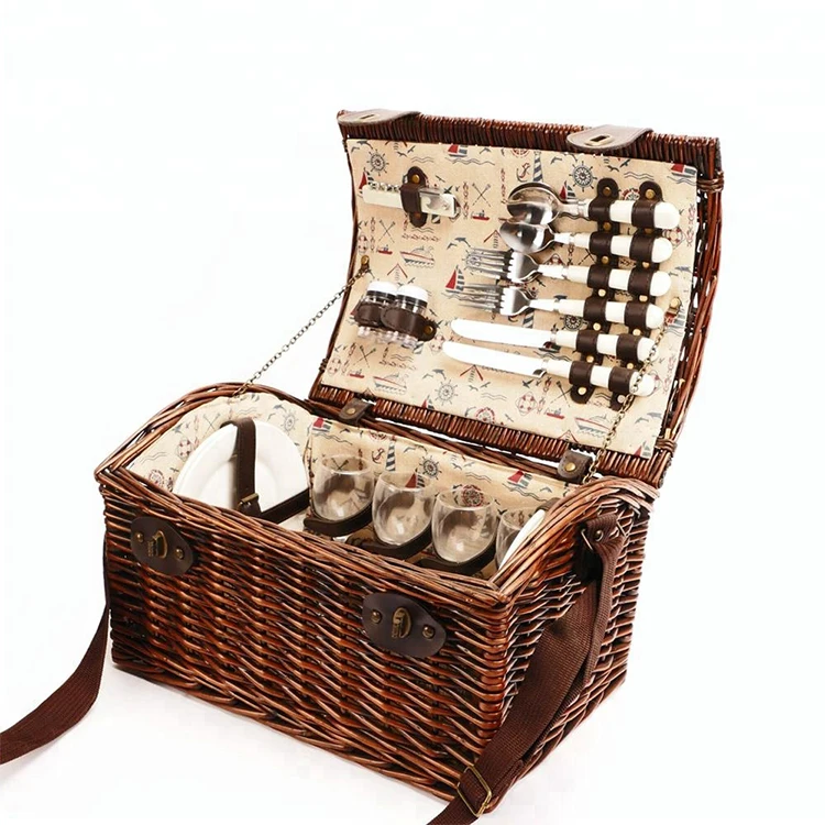 Wholesale high-end wicker woven picnic basket with handle,lid and shoulder strap