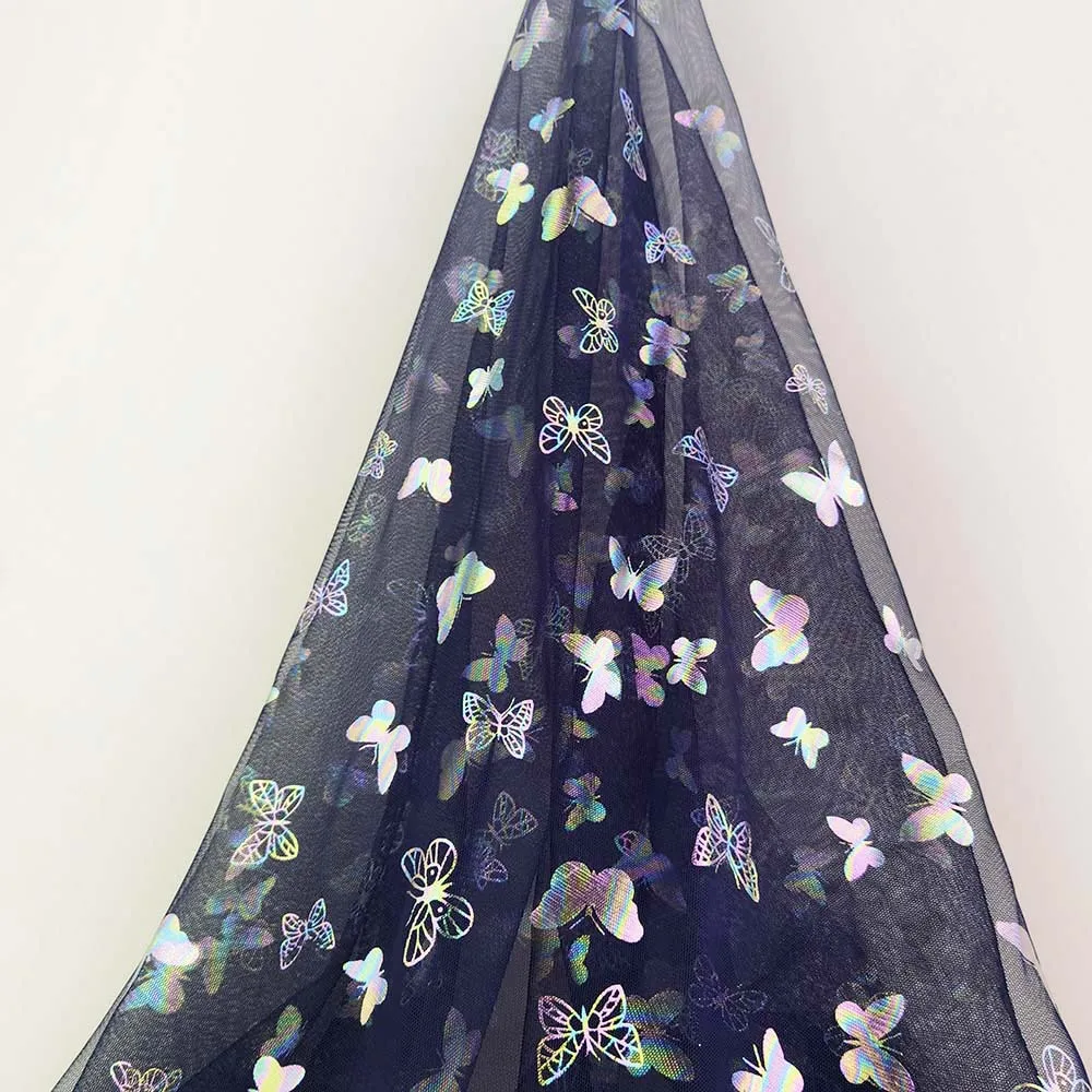 Spring and Summer New Design Gradually Flocking Colorful Butterfly Printed Tulle Gilding Gauze Mesh Fabric for Wedding Dress