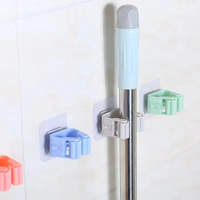 Traceless Non-Perforating Hanging Mop Brush Broom Hanger Plastic Metal Bathroom Hanging Storage Holder Mop Clip Kitchen Use Home