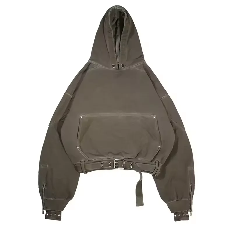 Belt Vintage Custom Acid Wash Hoodie Man Manufacturer Full Zip Up Hoodie Puff Print Blank Washed Oversized Hoodie For Men