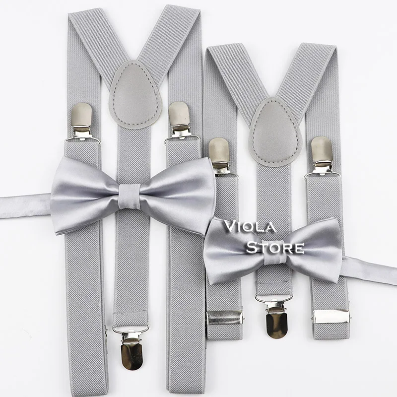 Soild 2.5cm Suspenders Glossy Bowtie Set Men Kids Red Brown Polyester Butterfly Y-Back Braces Party Dinner Shirt Pants Accessory