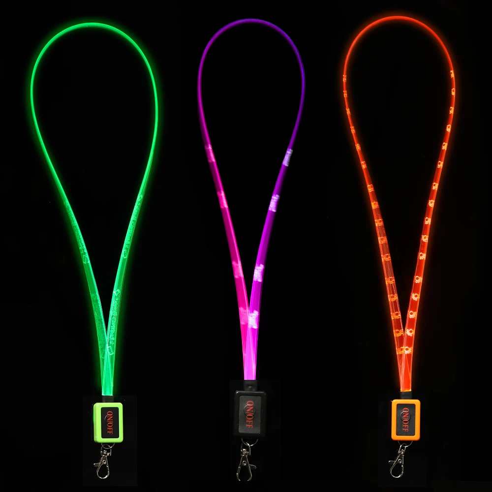 TIZE Custom LOGO Color Flat Fiber LED Light Up Glow In The Dark Lanyard Necklace Flashing LED Lanyard for Parties