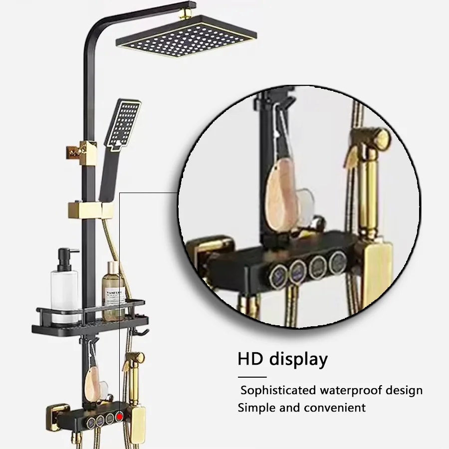 Kahnos Thermostatic Bathroom Shower System Black Gold Brass 4-Keys Bathtub Mixer Faucet Shower Set with Jet Rainfall Spray Panel
