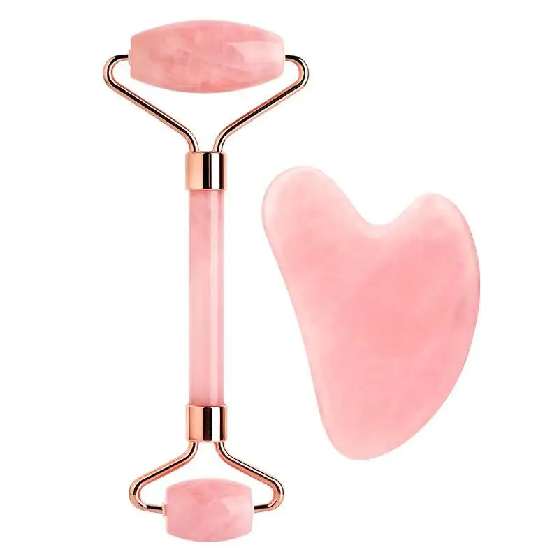 Pink Rose Quartz Stone Crystal Jade Facial Beauty Face Massage Roller Gua Sha Set Jade Roller For Face