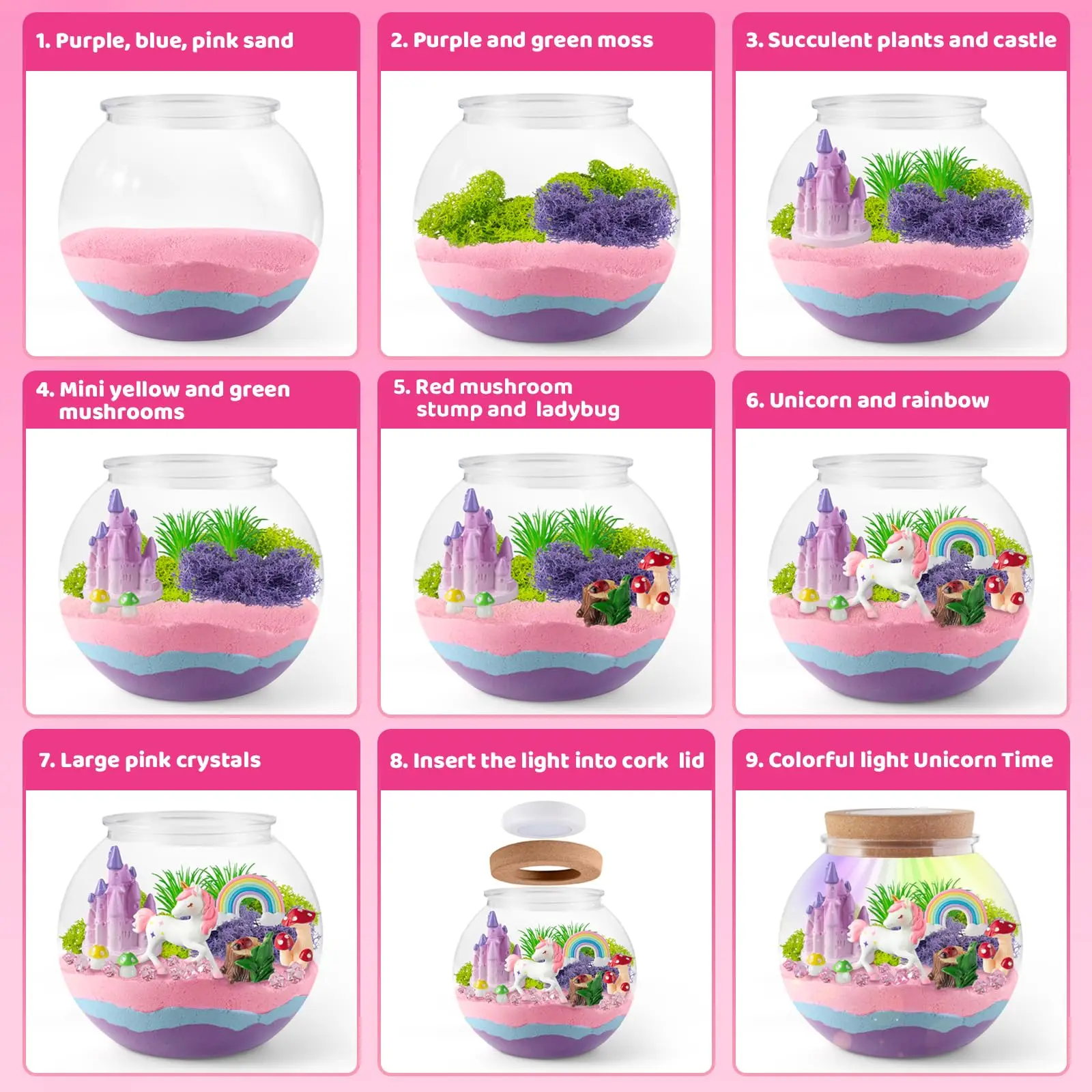 Unicorn Light-Up Terrarium Kit for Kids LED Night Light Birthday Gift Unicorn Toys for Girls DIY Arts and Crafts Kit for Kids