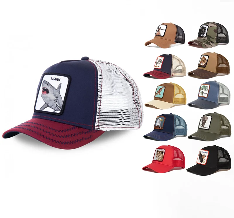 Factory Wholesale Custom Logo Mesh Cotton Baseball Cap Snapback Trucker Hat Cartoon Animal Embroidered Baseball Cap