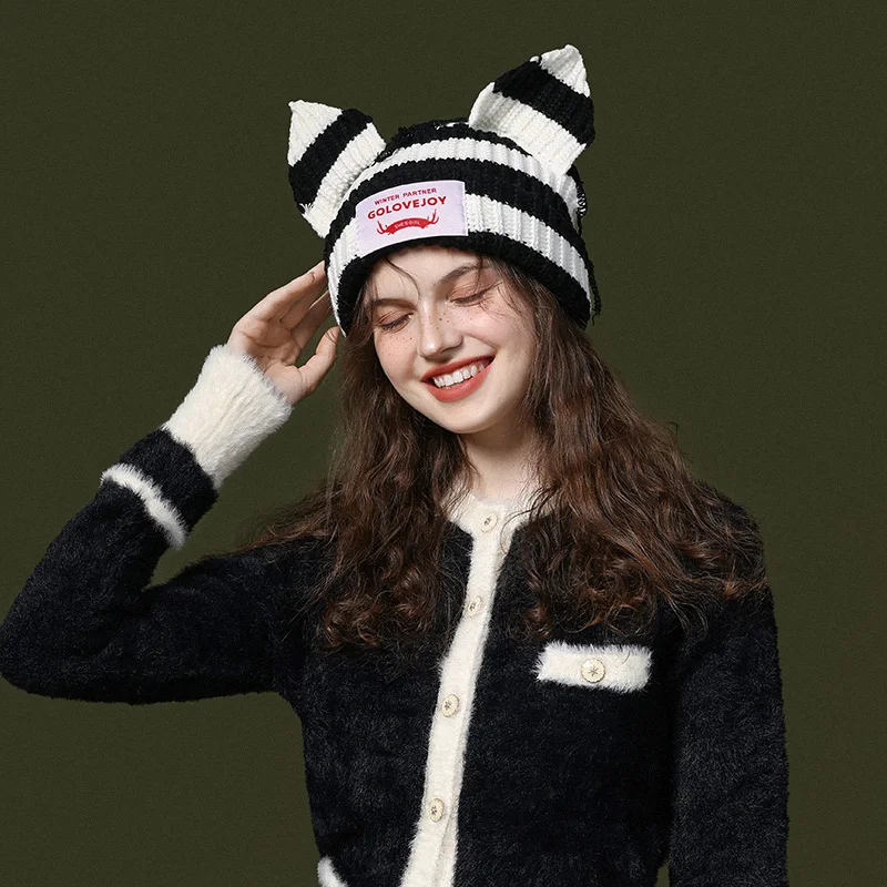 GOLOVEJOY DMZ109 Classic Custom Your Own Embroidery Logo Mohair Beanies Jacquard Knitted Hats Wholesale Warm Hat